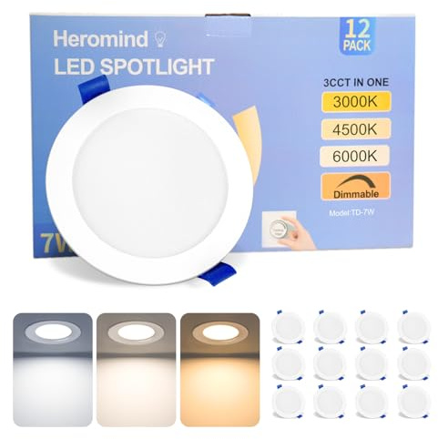 Heromind 12x LED Einbaustrahler Set, 7W Extra Helligkeit (700LM), IP44, 79-92mm, Dimmbar, 3 Farbtemperaturen per DIP-Schalter, Schwenkbar 30°, Kunststoff Weiß, Für Decke, Großpackung für ganze Wohnung