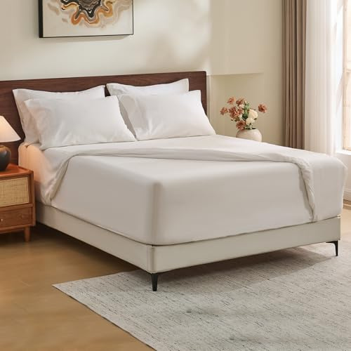 MEISHANG 100% French Pure Linen Sheets Queen Size - Extra Deep Pocket Sheet Set, Soft Durable Flax Linen, Anti-Tear Breathable & Oeko-Tex Certified 18-24 Deep Pocket,All Season(White)