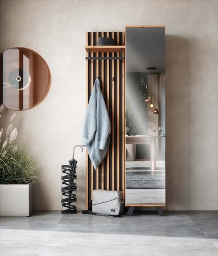 Newroom Garderobe mit Spiegel Wildeiche Schwarz Flurgarderobe für Flur | Spiegeltür mit Kleiderhaken und Hutablage, links rechts montierbar, Garderobenschrank schmal, für den Eingangsbereich