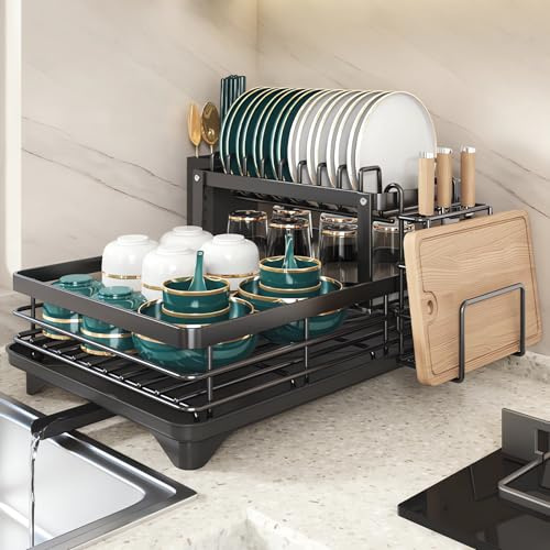 SPOKKI 2 Tier Dish Drainer Rack with Drip Tray - 42.5 x 30 x 23.5cm Stainless Steel Kitchen Counter Rack, Black Space-Saving Drainer with Swivel Spout, Utensil, Cup, Cutting Board Holders