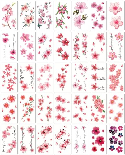 35 Feuilles De Tatouages Temporaires Sexy En Fleurs De Cerisier Pour Femmes, Autocollants De Tatouage Floral Pour Les Épaules, Faux Tatouages Imperméables Pour L'Art Corporel De La Clavicule