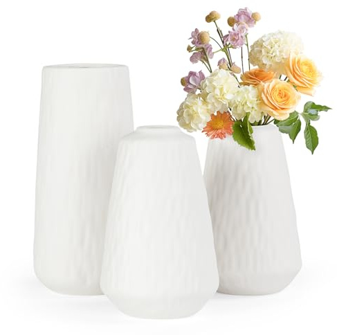 Vasen Set of 3, FoiiLiio Keramik Vase Weiß Hammermuster Home Decoration, Blumenvase Modern für Pampasgras, Deko Schlafzimmer Flur Wohnzimmer Aesthetic