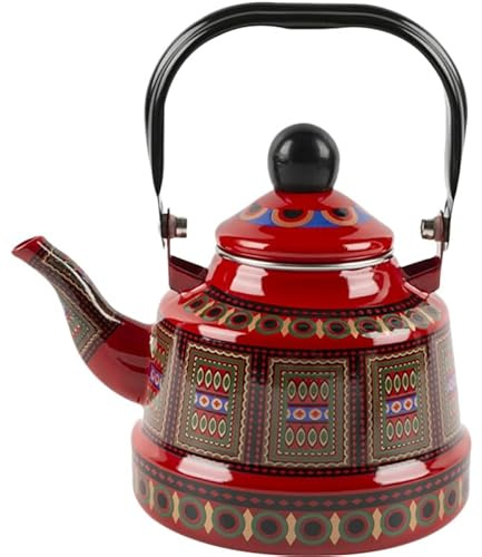 NOLITOY Teekessel Emaille Retro Wasserkessel 1.7L, Rote Vintage Teekanne Ohne Plastik Flachboden Wasserkocher, Induktion Holzofen Kaffeekessel Für Tee Kaffee Familie