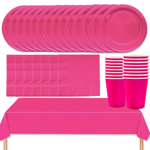 MOMAHUA Set di stoviglie per feste da 53 pezzi, set di stoviglie rosa rossa con piatti, tovaglia, tovaglioli, bicchieri, decorazioni da tavolo a tinta unita per compleanno, matrimonio, picnic, baby