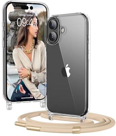 OLEPHY Handykette für iPhone 17 Hülle mit Band, Golden | Necklace Handyhülle, Transparente Schutzhülle zum Umhängen [Verstellbarem und Demontage Umhängeband],