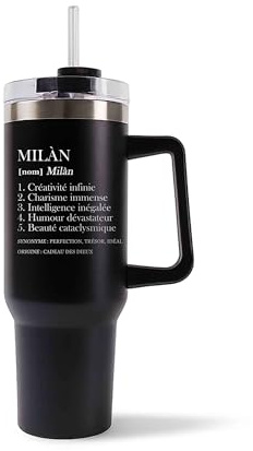 Mug Isotherme 1,2L - Milàn Définition Noir – Bouteille avec Anse, Paille et Couvercle – Idée Cadeau Gourde Personnalisée
