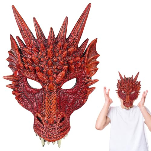 HATFRYF Halloween Drachen Maske, 3D Drachen Half Face Cosplay Dragon Animal Masks für Erwachsene und Kinder Halloween Karneval Kostüm Party Requisiten Rot