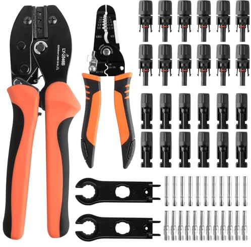 Juego de pinzas de crimpado solar para cables de panel solar PV de 2.5/4/6mm², 15 pares de conectores de cable, 15 pares de conectores macho/hembra, 1x pinza de crimpado, 1x herramienta de pelado, 2x