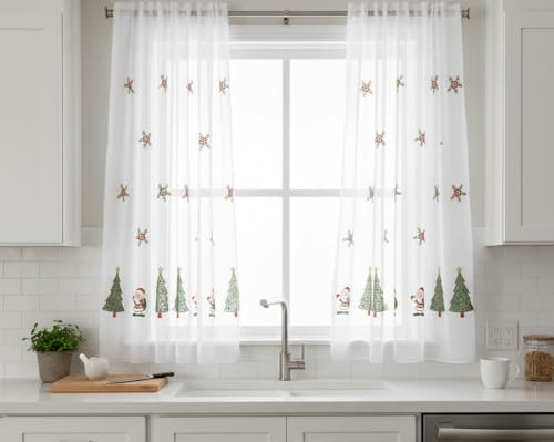 Gardinen Vorhangen Weiß 140x160 cm (BxH) Annabelle Weihnachtsgardine Mit Tannenbaum-Motiv Transparente Mit Faltenband Fertiggardine