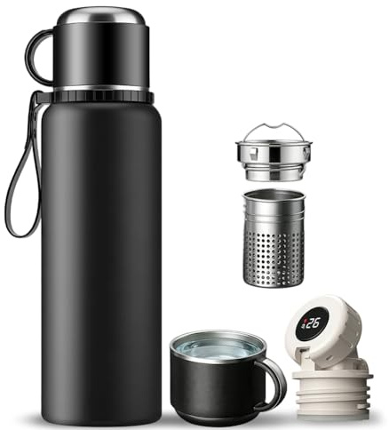 Thermosflasche 1L Isolierkanne mit LED-Temperaturanzeige, Vakuum Isolierbecher Trinkflasche aus 316 Edelstahl Große Thermosflaschen mit Teesieb & Tasse Auslaufsicher, BPA-Frei für Home Büro Reise