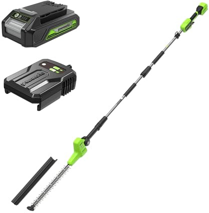 Greenworks Cortasetos telescópico 51 cm inalámbrico con cuchillas de acero doble acción 28 mm, 3200 RPM, alcance extendido 2,7 m, cargador rápido 2A incluido, ligero 3,15 kg, cabeza articulada 6 posic