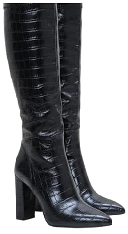 PrettyLittleThing Black Matte Croc Heeled Ankle Boots – Faux Croc PU Pointed Toe Women’s Fashion Booties for Nights Out, Parties & Everyday Glam