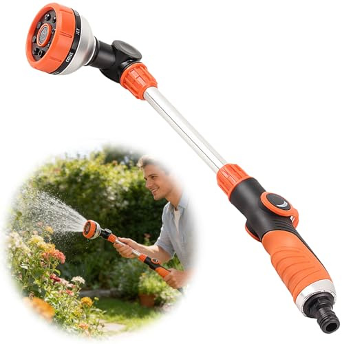 Idota Gießstab Lang 47CM Gartenbrause mit 180° Schwenkkopf | 8 Sprühmustern für Garten, Beete (Orange)