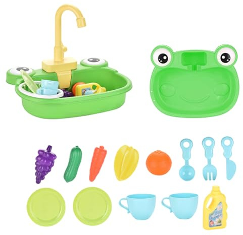 Lavandino per Bambini con Acqua Corrente, Lavandino da Gioco a Rana in Plastica con Rubinetto Girevole a 180°, con Modello Giocattolo Verdura, Frutta, Stoviglie, Detersivo e Cestello Scolapiatti, Lav