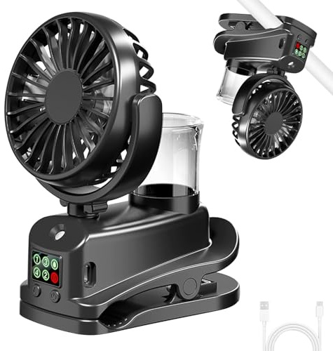 Ventilateur de table à clip, USB, avec brume d'eau, 4 vitesses, avec clip, réglable, avec affichage LED, pour bureau, noir