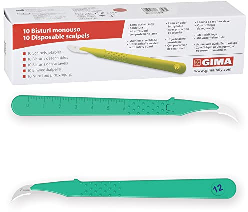 Gima - Bistouris en Acier Inoxydable, Manche en ABS, Stérile et Jetable, Premium, Protège-lame de sécurité, Taille n. 12, 10 scalpels emballés individuellement.