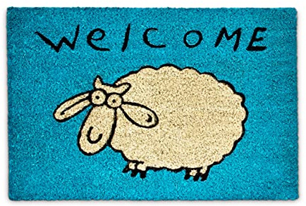 Relaxdays dörrmatta kokosfiber, hallmatta med texten ”Welcome” och ett gulligt får, halkfri entrématta, 40 x 60 cm, blå