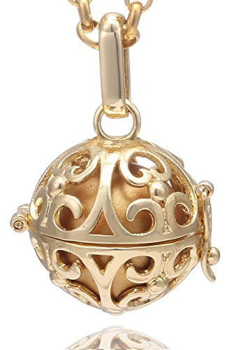 Morella Collar de Acero Inoxidable Dorado 70 cm con Colgante Dorado Ornamento y Bola de resonancia de Color Oro Ø 16 mm para Damas en Bolsa para Joyas