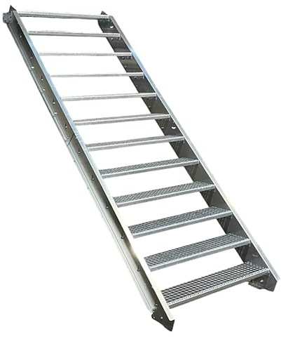 12 Stufen Stahltreppe Breite 60cm Geschosshöhe 180-240cm / Robuste Außentreppe/Wangentreppe/Stabile Industrietreppe für den Außenbereich/Inklusive Zubehör