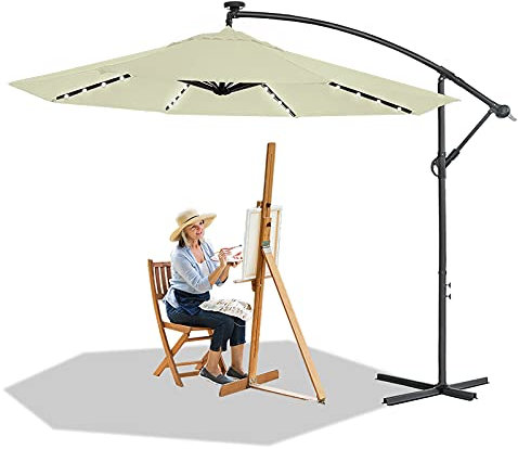 LARS360 Sombrilla Parasol Excéntrico Banana Con Solar LED para Terraza Jardín Balcón Mástil de Aluminio y 100% Poliester Tela, con Base de Cruz, Color Beige 300cm Protección UV y Impermeable
