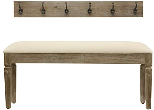 Decor Therapy Waverly Wood Bench with Coat Rack Set, Set of 2, White with Cream Cushion