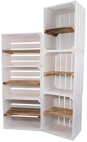 Moooble 6er Set Holzkisten in weiß/geflammt 3x Längs 3x Quer 50x40x30cm groß Schuhregal Obstkiste Apfelkiste Weinkiste vintage shabby Holz groß