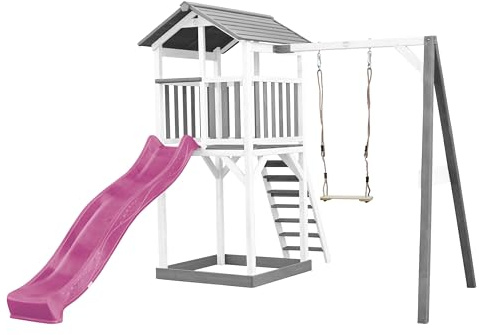 AXI Beach Tower Spielturm aus Holz in Weiß & Grau | Spielhaus für Kinder mit lila Rutsche, Schaukel und Sandkasten | Stelzenhaus für den Garten