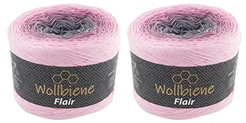 Wollbiene Flair Cotton 2x250g Bobbel Wolle Farbverlauf, 100% Baumwolle, Bobble Strickwolle Mehrfarbig (912 rosa grau)