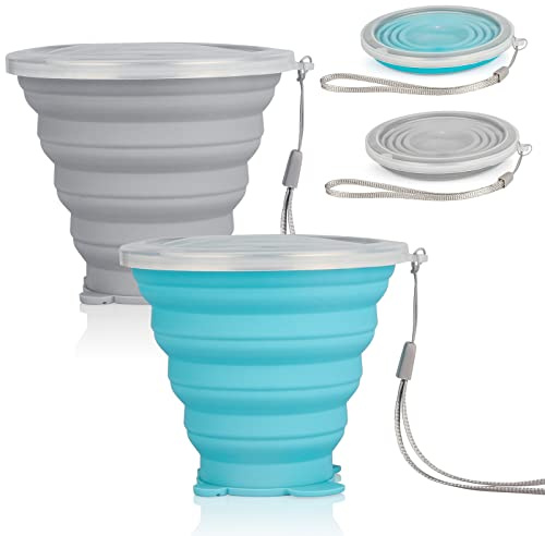 Lot de 2 tasses pliables en silicone, portables et pliables avec couvercle en plastique, réutilisables pour pique-nique, camping, randonnée, voyage
