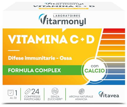 Vitamina C + D - Integratore Alimentare Multivitaminico - Con Calcio - Rinforza le Difese Immunitarie e Riduce Stanchezza e Affaticamento - 24 Compresse Masticabili - Vitarmonyl