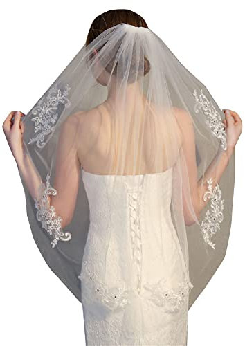 DAIHAN Romantischer Einlagiger Kurze Brautschleier-Hochzeit Schleier Brautschleier mit Metallkamm 1 Schicht Spitzenapplikation mit Strasssteinen Funkelnde Pailletten für Party Beige