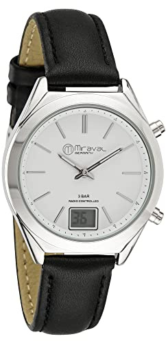 Miraval Funk-Armbanduhr mit Lederarmband Japanisches Quarzuhrwerk Funkuhr 35 mm Leder 16 mm Funksignal DCF77 Damenarmbanduhr Digitale & Analoge Anzeige Datumsanzeige