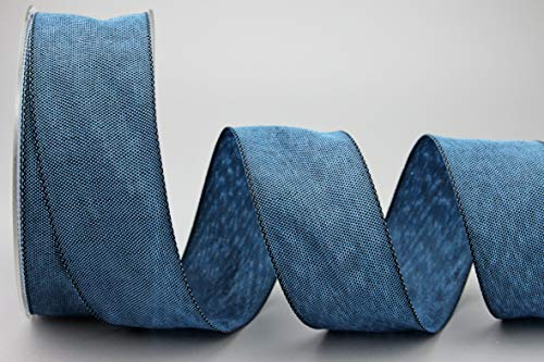 20 m x 40 mm (Rolle) Stoffband JAMIE BLAU DENIM (120) Dekoband mit Drahtkanten leicht Leinen Optik Taftband grob gewebt Basteln Schleifenband Geschenkband Dekoration Nordstil elegant