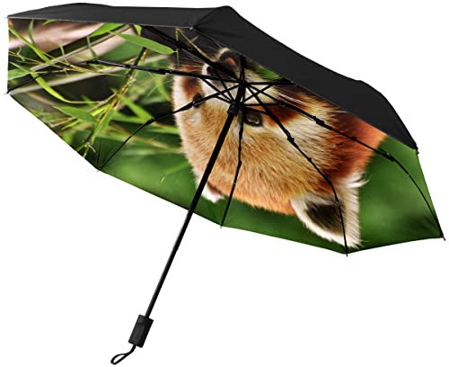 GISPOG Automatic Folding Umbrella, Red Panda Bear Eat Bamboo Waterproof Compact Sun and Rain Travel Umbrellas
