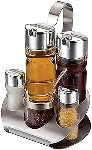 BPILOT Gewürzständer - Edelstahl Menage Set 5 teilig, Essig- und Ölspender mit Salz- und Pfefferstreuer und Zahnstocher