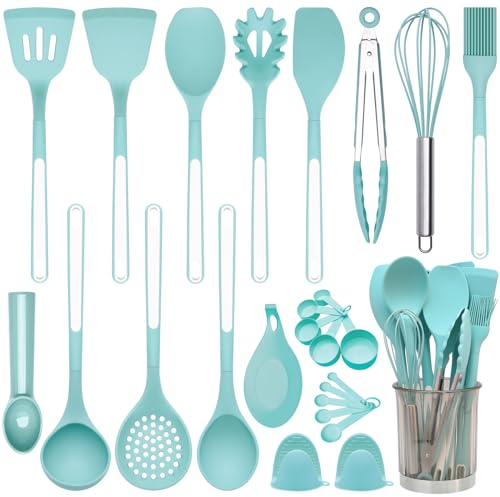 Silikon Küche Kochutensilien Set, 26-teiliges Hitzebeständig Kochutensilien mit Utensilienhalter, Antihaftbeschichtet BPA-frei Spülmaschinenfest, Wender Zange Schneebesen Kelle Löffel (Grün)