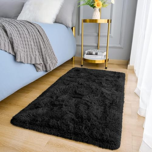 MOONLIGHT20015 Rugs Living Room – Black Area Rugs for Bedroom Non Slip – Fluffy Shaggy Rug Super Soft Small Thick Pile Non-Shedding Plush Carpet for Lounge, 60cm x 110cm