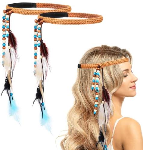 Healvian 2 Stück Feder Kopfschmuck Boho Feder Stirnband Hippie Geflochtener Stirnband Indisches Kopfschmuck Quasten Haarbänder Bohemian Haarschmuck Kopfbedeckung