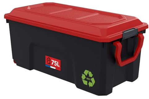 SUNDIS Locker, caja almacenaje plastico con tapa, ruedas, 75L, apilable | Asa, cierres de clip, resistente, ideale para el taller, el transporte, el garaje y el bricolaje