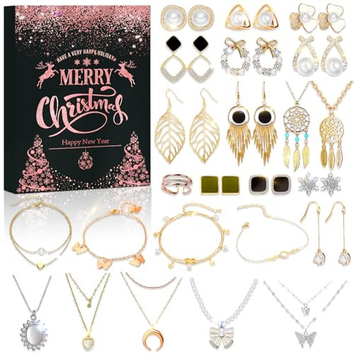 Calendario de Adviento 2024, Calendario Adviento Joyas Mujer Niña Calendario Navideño, Cuenta Atrás navideña 24 Sorpresas Calendario de Adviento Navideño Joyería Pulsera Pendientes Collar Niña Mujer