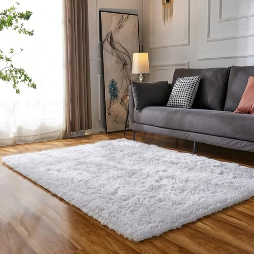 XUEDNGM Teppich Schlafzimmer Teppich Weich 200 x 230 cm Flauschig, Weich, Pflegeleicht, Anti-Rutsch, Waschbar Kunstfaser Fellteppich Langflor Wohnzimmerteppich für Wohnzimmer, Schlafzimmer, Weiß