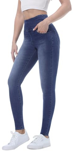 Chasehot Jean Skinny Femme Taille Elastique,Jeggings Taille Haute avec 4 Poches Extensible Mode Slim Pantalon Stretch Crayon Pantalon,Lavage Moyen-XXL