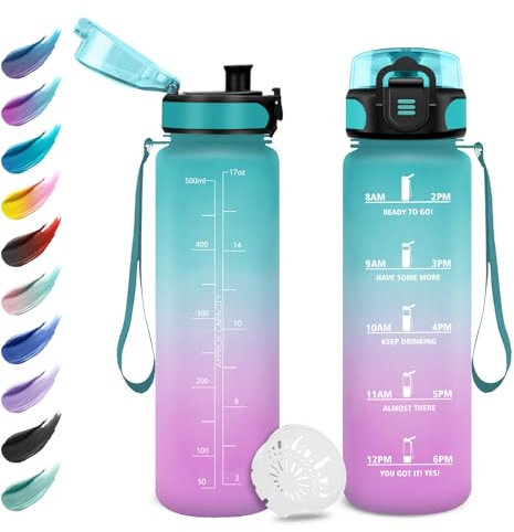 Borraccia Bambini 500ml, Borraccia Sportiva con Filtro, Facile Pulizia, a Prova di Perdite, Bottiglia Acqua Motivazionale con Indicatore del Tempo, Borraccia per Ufficio, Scuola, Bambini, Gym