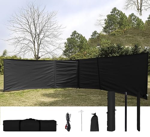 SUCRFXJ Windschutz for Camping, 580 x 114 cm, Windschutzscheibe mit Stützstangen, Faltbare Picknick-Seitenwand, Sichtschutz, for Garten, Wandern, Strand, Rucksackreisen und Picknick(Black)