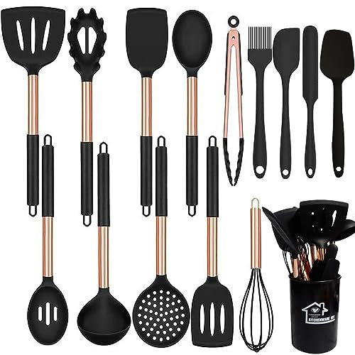 Set di utensili da cucina in silicone da 15 pezzi, con manico in acciaio inossidabile color oro rosa, utensili da cucina per pentole antiaderenti