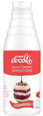 NESTLÉ DOCELLO - Sauce Sensation Fraise Topping Dessert - Bouteille de 750g | Topping onctueux aux éclats de fraise - Pour nappage de glaces, Crêpes, Gaufres, Cheesecakes et boissons gourmandes