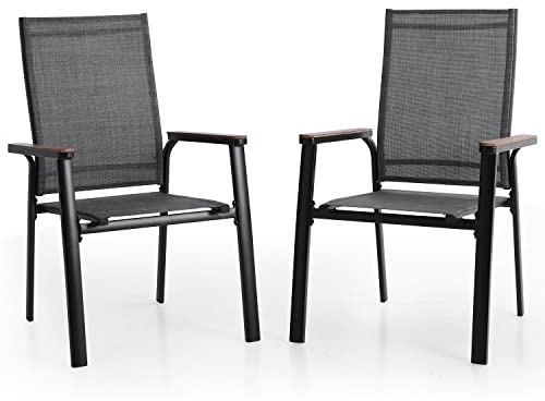 MFSTUDIO Gartenstuhl 2er Set Aluminium, Textilene Balkon Stühle Stapelbar mit Handlauf mit Holzmaserung, Outdoor Sessel für Terrasse, Balkon, Veranda, Wetterfest