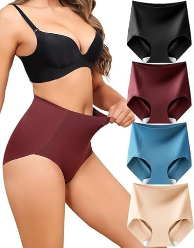 Levao Lot de 4 Culotte Gainante Femme Sculptantes Taille Haute sous-Vêtements Invisibles Slips sans Coutures Respirable Confortable S-XXL