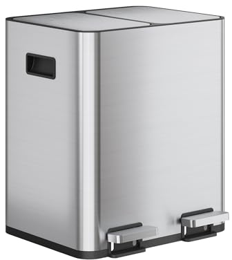 WLIVE Poubelle de Cuisine 30L avec 2 compartiments, Bac de Tri Sélectif, Acier Inoxydable, Pédale Mains Libres, Anti-Odeurs, Design Compact, Gris
