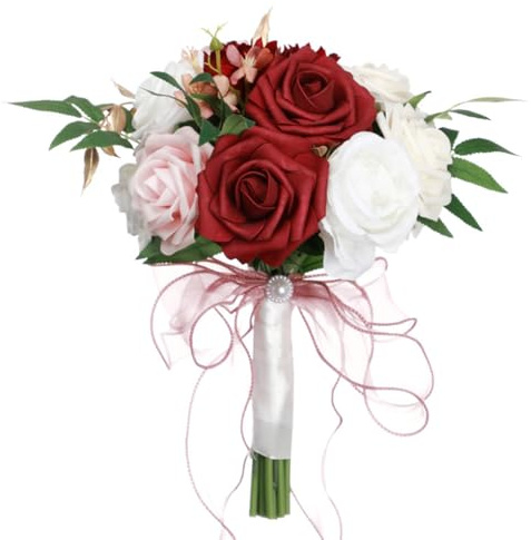 QUXVUIS Splendido bouquet da sposa - E aspetto realistico Accessori da sposa in plastica Fiori artificiali Decorazione per feste, Vino Rosso+Bianco, 22 * 29